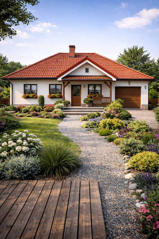 Mediterrán stílusú családi ház térkövezett bejárattal és kerttel